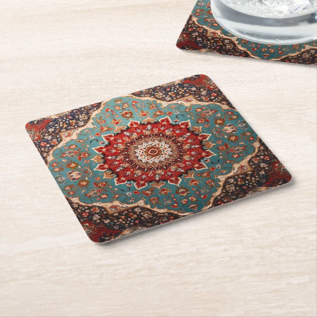 Oriental Retro Persian Pattern Red Cream Blue Square Paper Coaster (Angled)