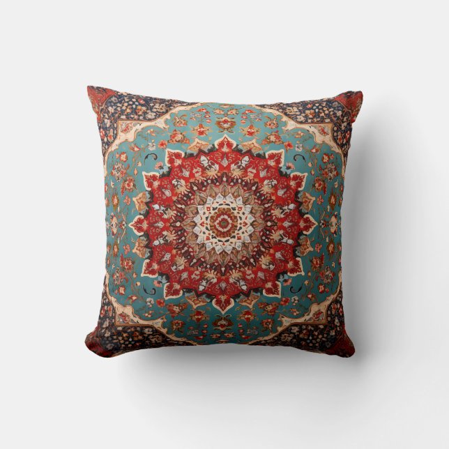 Oriental Retro Persian Pattern Red Cream Blue Throw Pillow (Front)