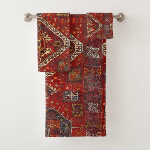 Oriental rug _ bold design in  red and blue  bath towel set