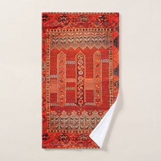 Oriental rug design in  bright oranges bath towel set