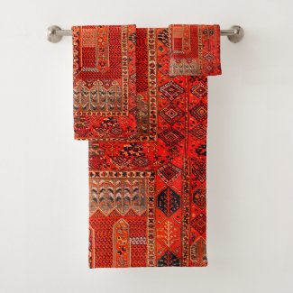 Oriental rug design in  bright oranges bath towel set