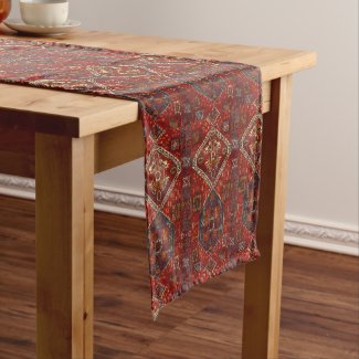 Oriental rug design in  dark red and blue  long table runner