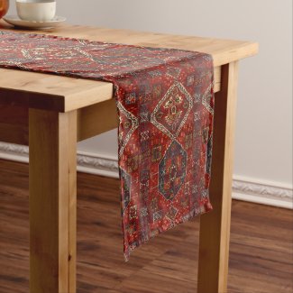 Oriental rug design in  dark red and blue  long table runner