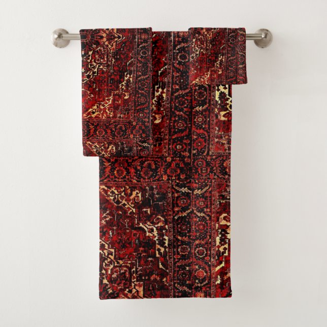 Oriental rug design in dark red bath towel set (Insitu)