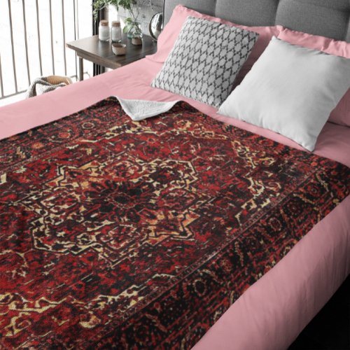 Oriental rug design in  dark red   fleece blanket