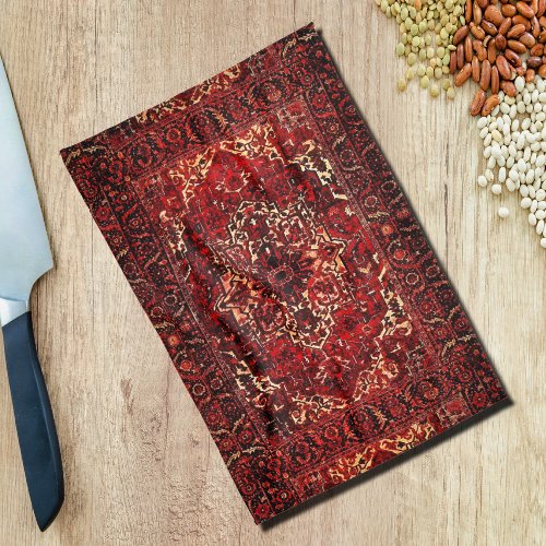 Oriental rug design in dark red kitchen towel