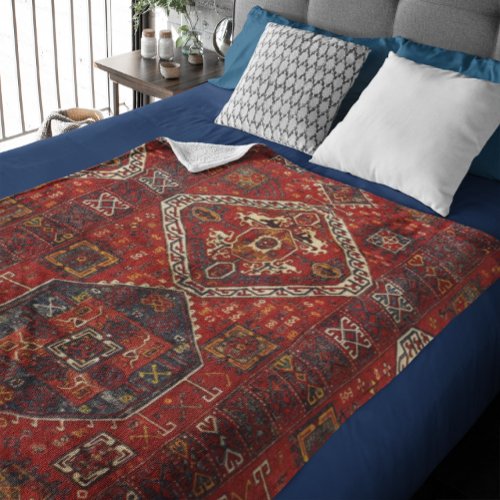 Oriental rug design in  dark red no5 fleece blanket