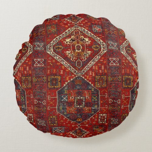 Oriental rug design in  dark red no5 round pillow