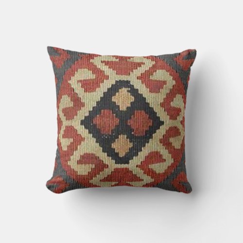 Oriental rug design in dark red round pillow