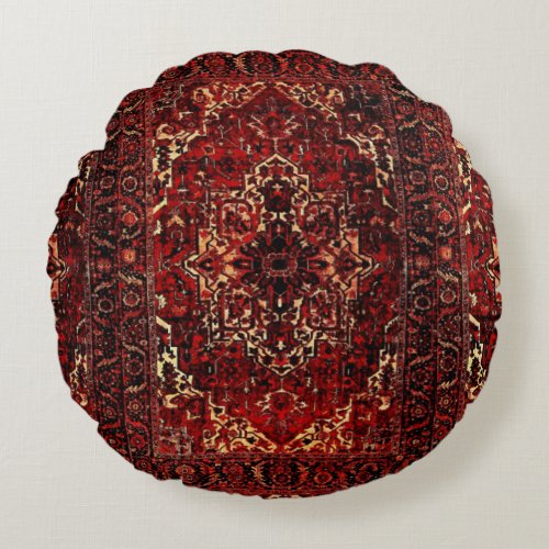 Oriental rug design in  dark red round pillow