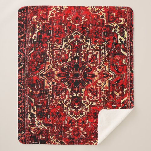 Oriental rug design in  dark red   sherpa blanket