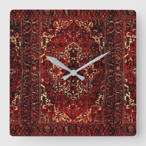 Oriental rug design in  dark red  square wall clock