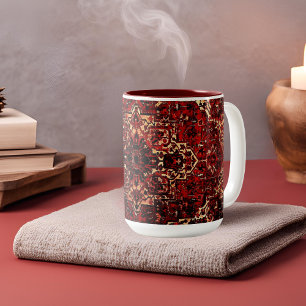 Oriental rug design in dark red Two-Tone coffee mug