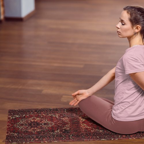 Oriental rug design in  dark red yoga mat