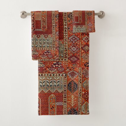 Oriental rug design in orange bath towel set