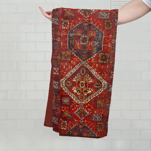Oriental rug design in red and blue bath towel set