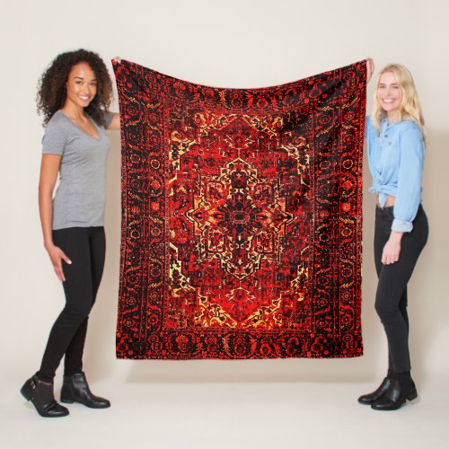 Oriental rug design in  vibrant red   fleece blanket