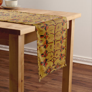 Oriental rug design - orange geometric leaves short table runner