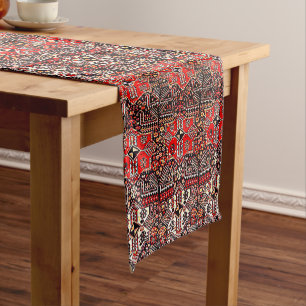 Oriental rug look - red white black short table runner