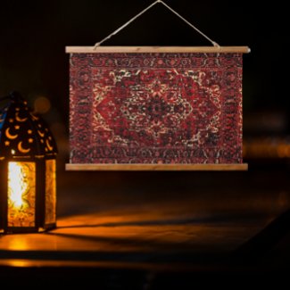Oriental rug pattern in dark red hanging tapestry