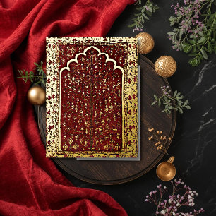 Oriental Sacred tree red golden Foil Holiday Postcard