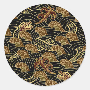 Oriental Sea Dragon Pattern Classic Round Sticker