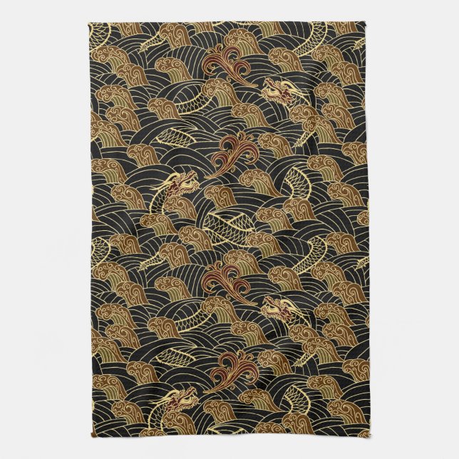 Oriental Sea Dragon Pattern Kitchen Towel (Vertical)
