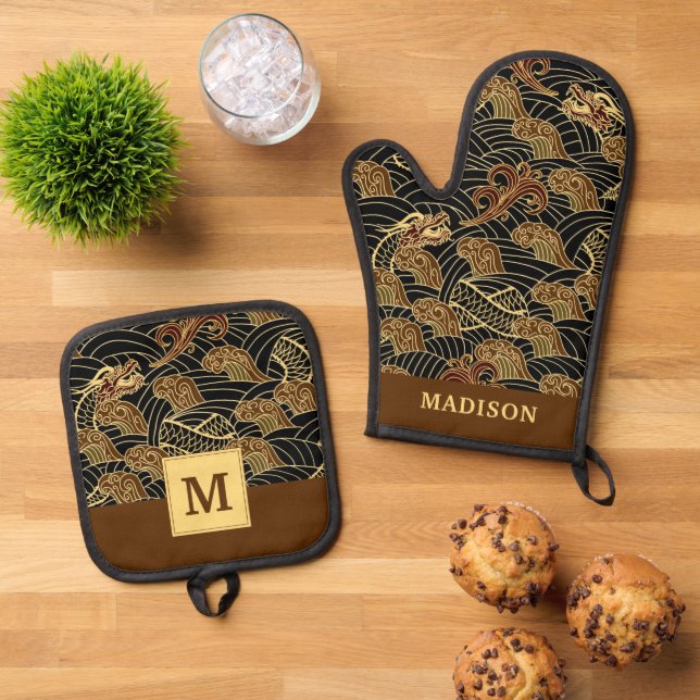 Oriental Sea Dragon Pattern Oven Mitt & Pot Holder Set (Top Down)