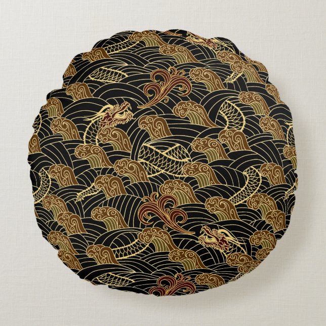 Oriental Sea Dragon Pattern Round Pillow (Front)