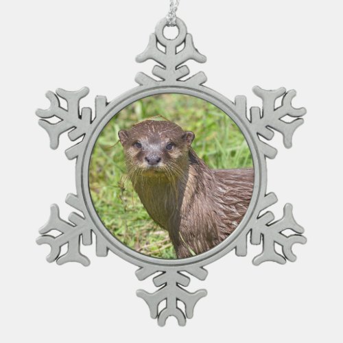 Oriental Small_clawed Otter in grass Snowflake Pewter Christmas Ornament