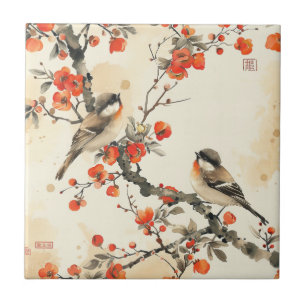 Oriental Songbirds and Blossom - Traditional Asian Ceramic Tile