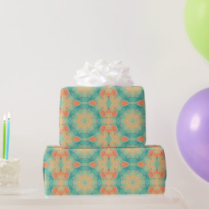 Oriental Star Pattern in Orange and Teal Green Wrapping Paper