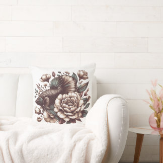 Oriental style flowers and beta fish throw pillow