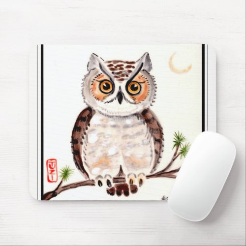 Oriental Style Owl Tile Art Painting Tree Moon Mouse Pad