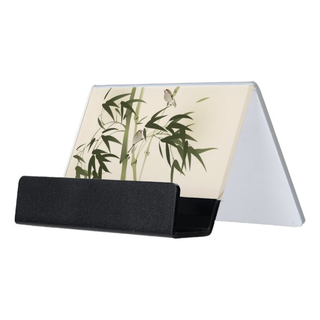 Oriental style painting, bamboo branches desk business card holder (Angled Front)