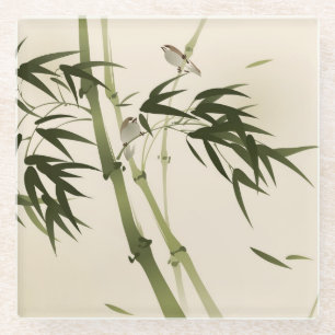 Oriental style painting, bamboo branches glass coaster