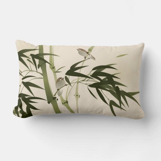 Oriental style painting, bamboo branches lumbar pillow (Front)
