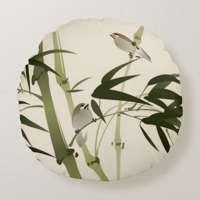 Oriental style painting, bamboo branches round pillow (Front)