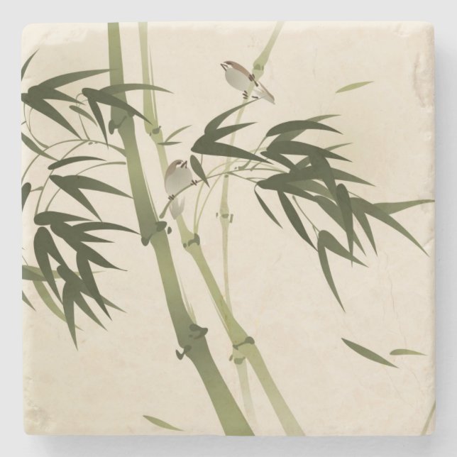 Oriental style painting, bamboo branches stone coaster (Front)