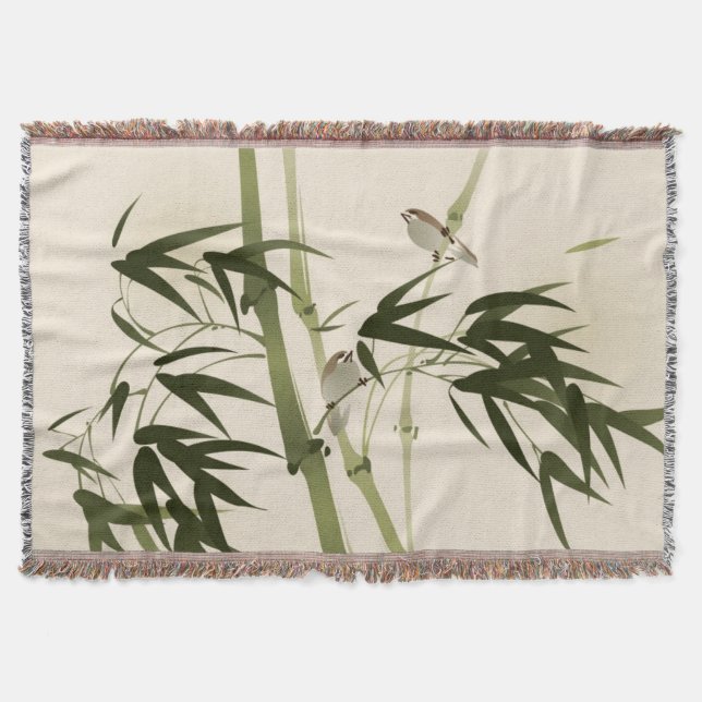 Oriental style painting, bamboo branches throw blanket (Front)
