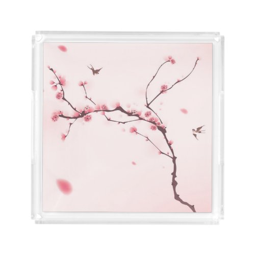 Oriental style painting cherry blossom acrylic tray