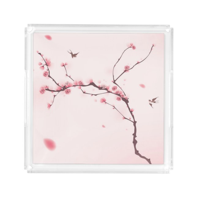 Oriental style painting, cherry blossom acrylic tray (Front)