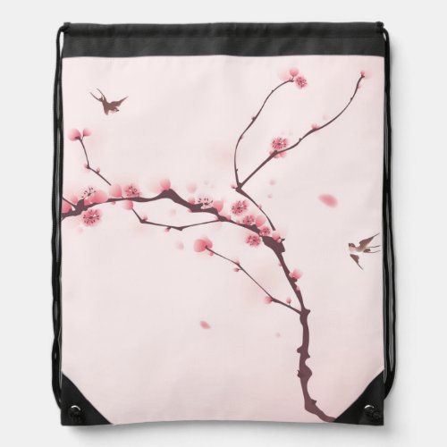 Oriental style painting cherry blossom drawstring bag