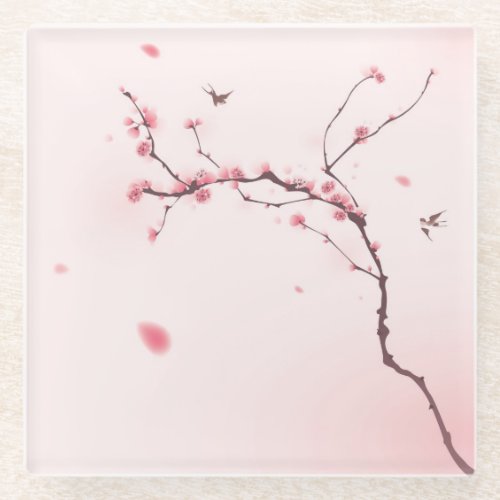 Oriental style painting cherry blossom glass coaster