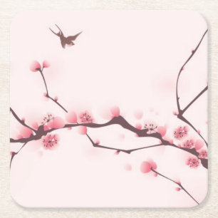 Oriental style painting, cherry blossom square paper coaster