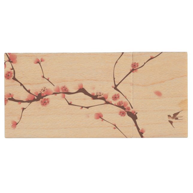 Oriental style painting, cherry blossom wood USB flash drive (Front)