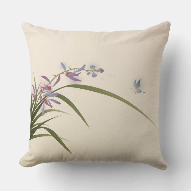 oriental style painting, orchid and butterfly throw pillow (Front)