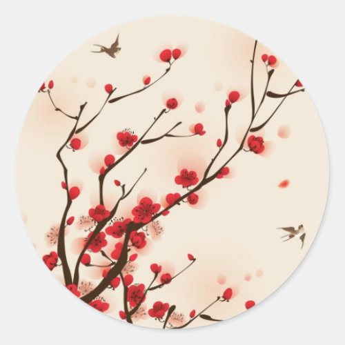 Oriental style painting plum blossom in spring 2 classic round sticker