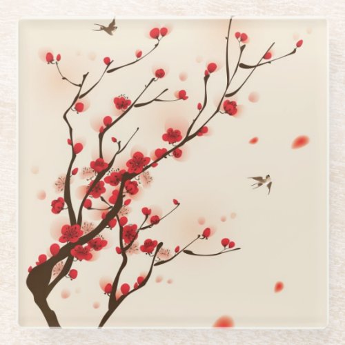 Oriental style painting plum blossom in spring 2 glass coaster