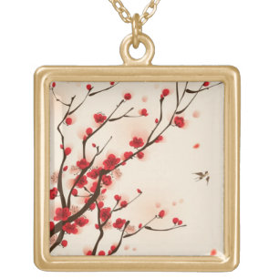 Oriental style painting, plum blossom in spring 2 gold plated necklace